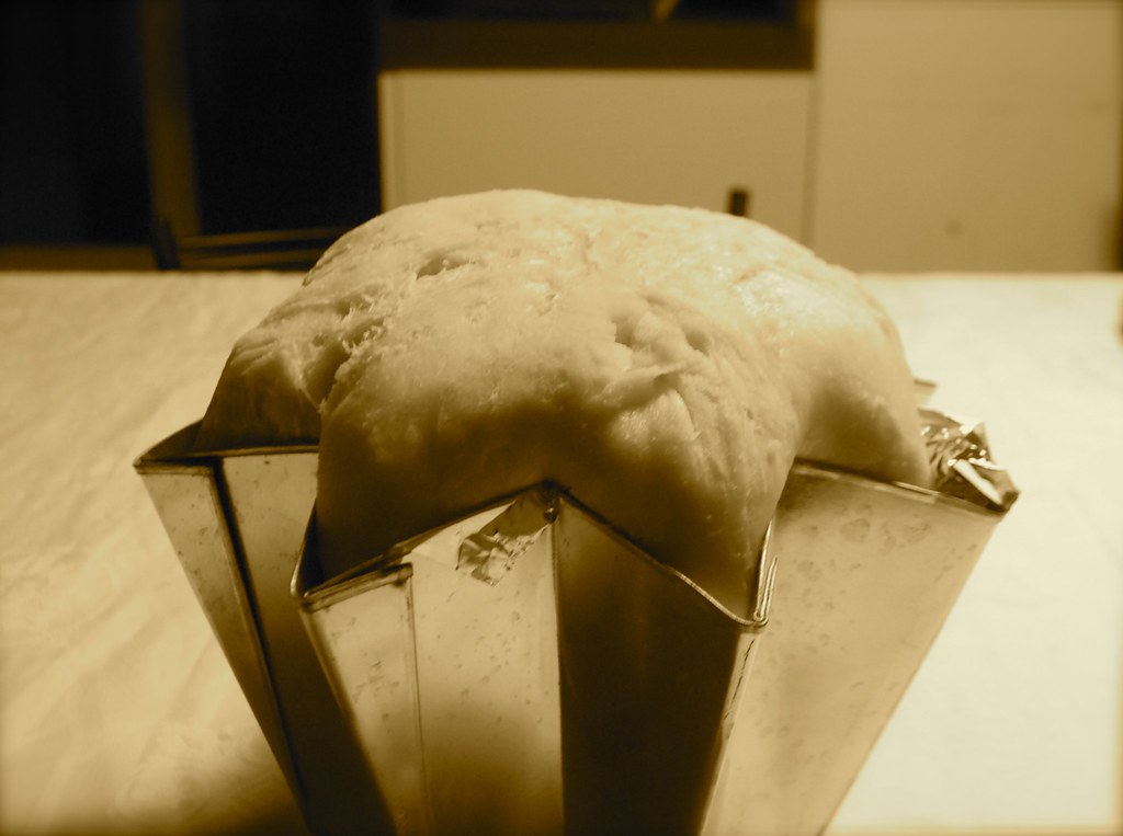 Pandoro dough rising over a metal mould