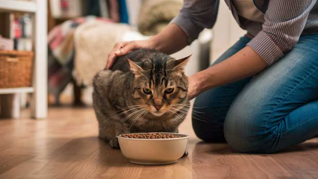 Owner feeding a neutered cat