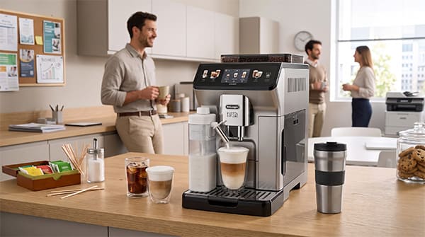 De'Longhi automatic coffee machine in an office kitchen
